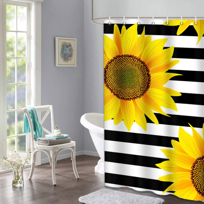 Emvency Shower Curtain Bright Sunflowers Striped Black and White Pattern Yellow Sun Flowers Print Home Decor Waterproof Polyester Fabric 72 x 72 inches Set with Hooks - Image 4